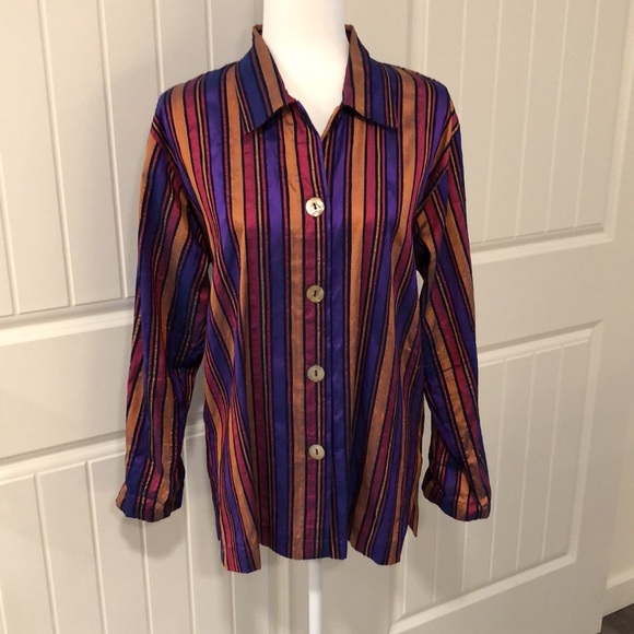 VTG LisBETH Olso Silk Dupioni Striped Shell Button Front Blouse - Picture 9 of 9